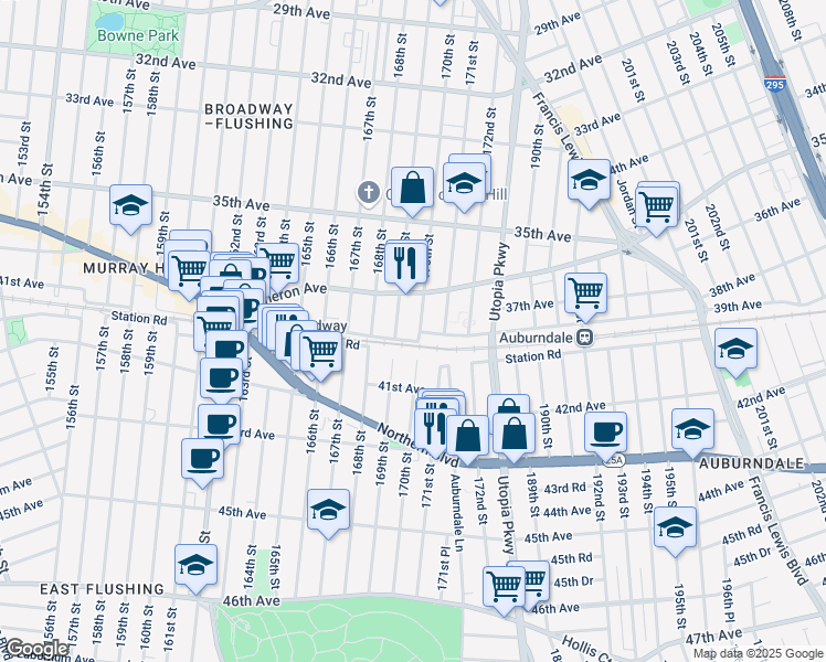 map of restaurants, bars, coffee shops, grocery stores, and more near 40-01 169th Street in Queens