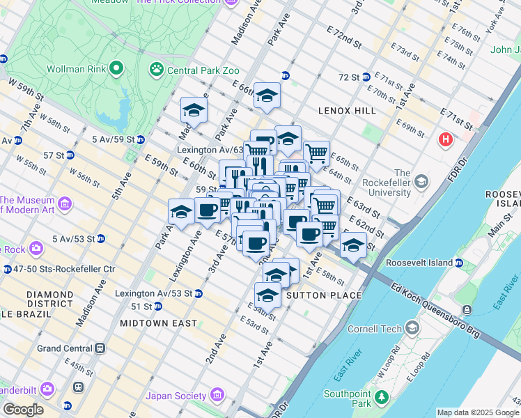 map of restaurants, bars, coffee shops, grocery stores, and more near 237 East 59th Street in New York