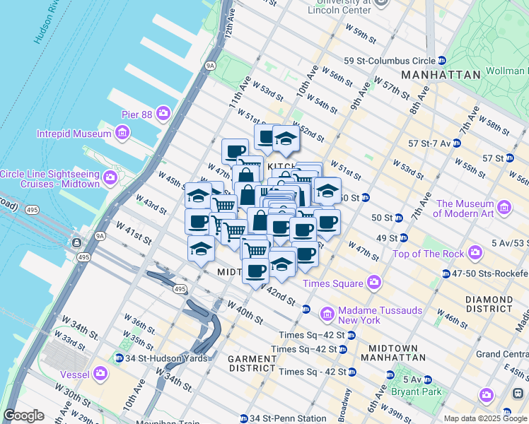 map of restaurants, bars, coffee shops, grocery stores, and more near 421 West 45th Street in New York