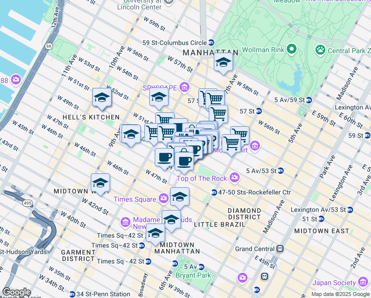 map of restaurants, bars, coffee shops, grocery stores, and more near 1638 Broadway in New York
