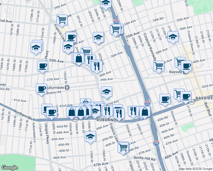 map of restaurants, bars, coffee shops, grocery stores, and more near 40-19 201st Street in Queens