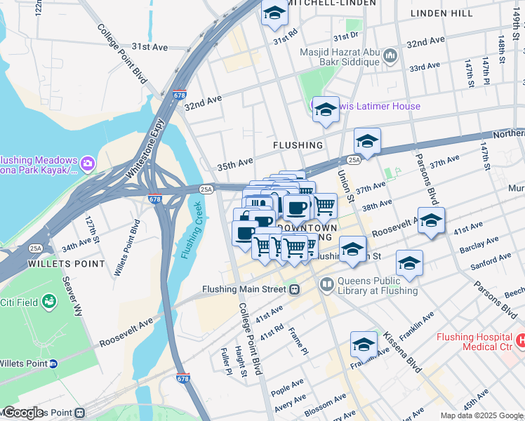 map of restaurants, bars, coffee shops, grocery stores, and more near 135-15 37th Avenue in Queens