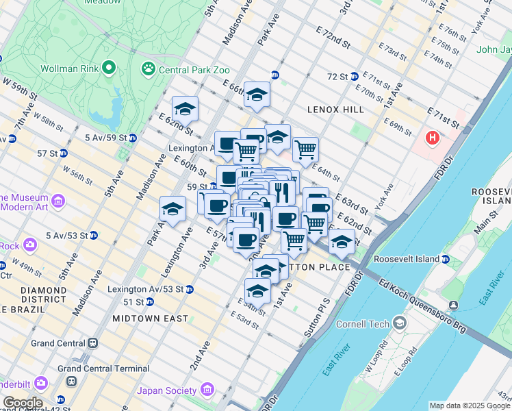 map of restaurants, bars, coffee shops, grocery stores, and more near 220 East 60th Street in New York