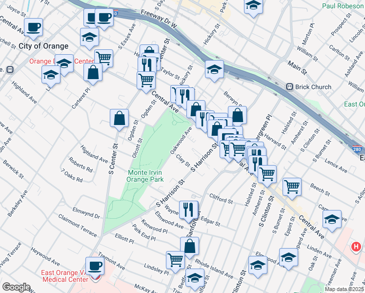 map of restaurants, bars, coffee shops, grocery stores, and more near 286 Oakwood Avenue in City of Orange