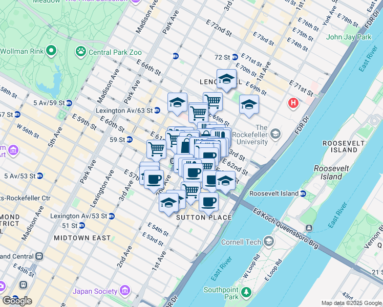 map of restaurants, bars, coffee shops, grocery stores, and more near 309 East 61st Street in New York