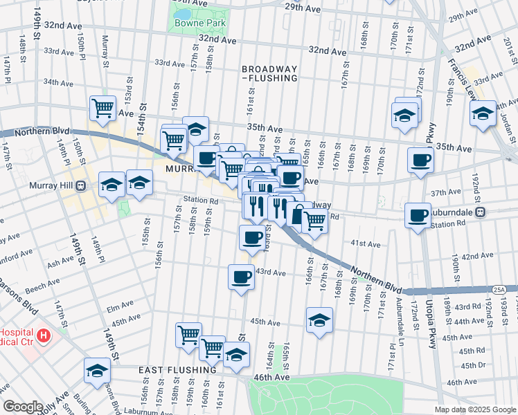 map of restaurants, bars, coffee shops, grocery stores, and more near 41-18 163rd Street in Queens