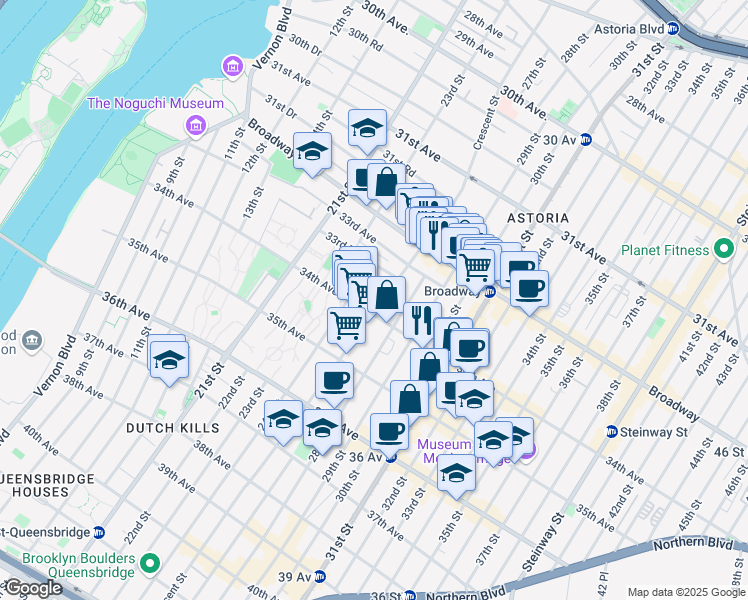 map of restaurants, bars, coffee shops, grocery stores, and more near 33-52 Crescent Street in Queens