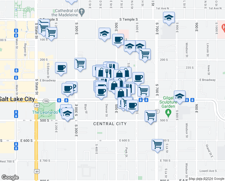 map of restaurants, bars, coffee shops, grocery stores, and more near 455 East 400 South in Salt Lake City