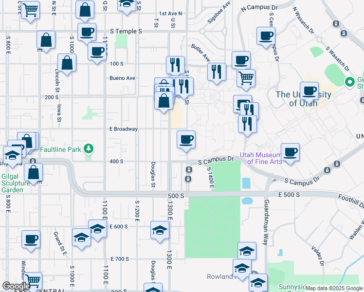 map of restaurants, bars, coffee shops, grocery stores, and more near 1309 East 400 South in Salt Lake City