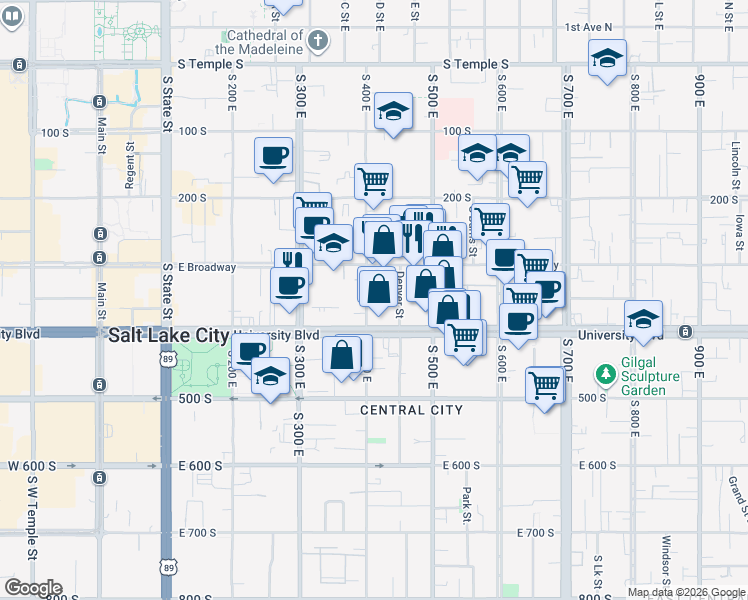 map of restaurants, bars, coffee shops, grocery stores, and more near 409 East 400 South in Salt Lake City
