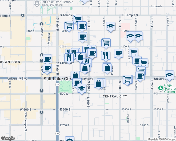 map of restaurants, bars, coffee shops, grocery stores, and more near 309 East 400 South in Salt Lake City