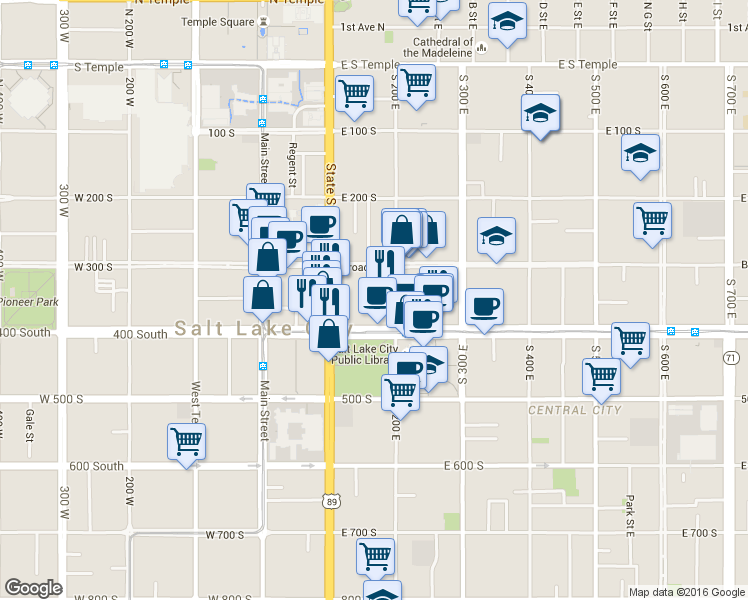 map of restaurants, bars, coffee shops, grocery stores, and more near 175 East 400 South in Salt Lake City