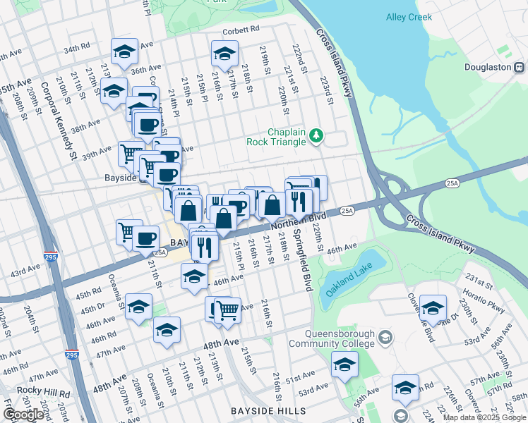 map of restaurants, bars, coffee shops, grocery stores, and more near 216-01 Northern Boulevard in Queens