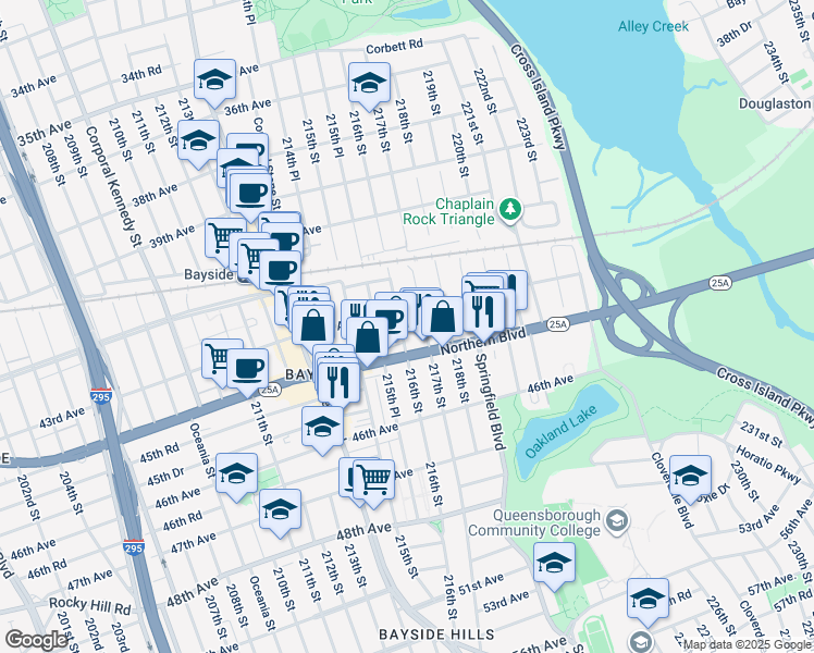 map of restaurants, bars, coffee shops, grocery stores, and more near 216-01 Northern Boulevard in Queens