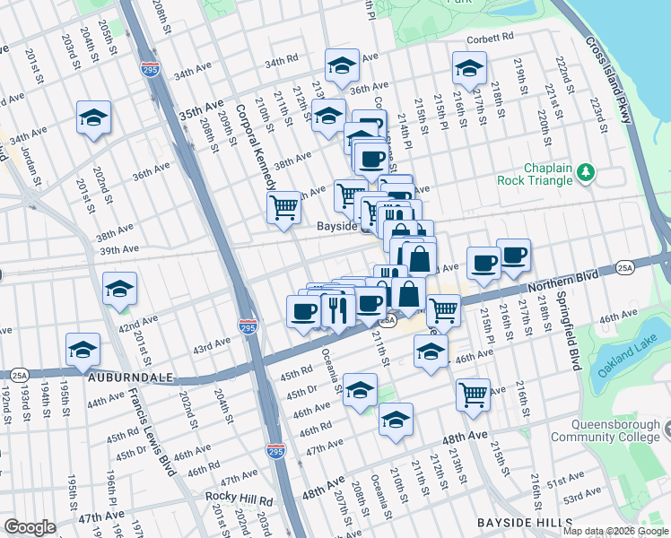 map of restaurants, bars, coffee shops, grocery stores, and more near 210-1 43rd Avenue in Queens