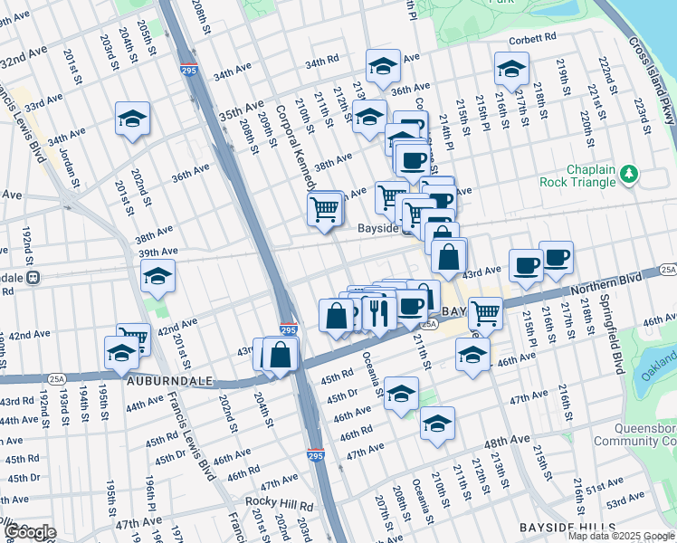 map of restaurants, bars, coffee shops, grocery stores, and more near 42-20 209th Street in Queens