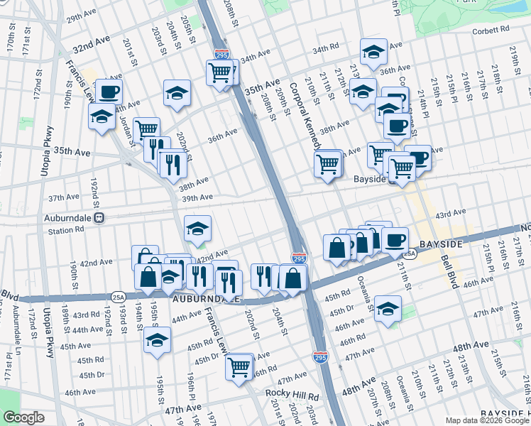 map of restaurants, bars, coffee shops, grocery stores, and more near 40-37 204th Street in Queens