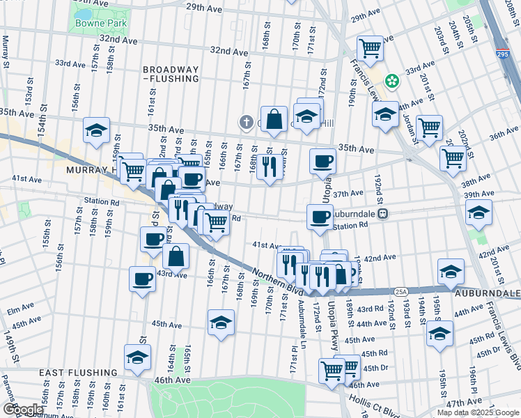 map of restaurants, bars, coffee shops, grocery stores, and more near 40-01 169th Street in Queens