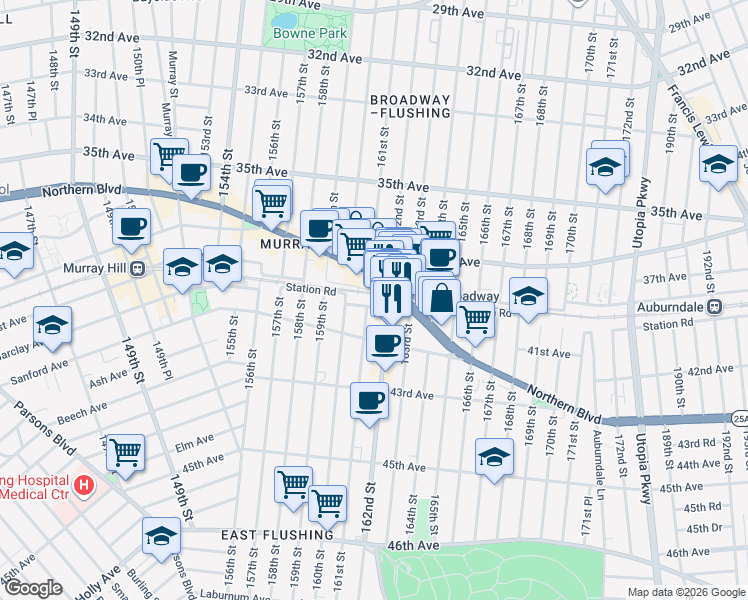 map of restaurants, bars, coffee shops, grocery stores, and more near 41-15 161 Street in Queens