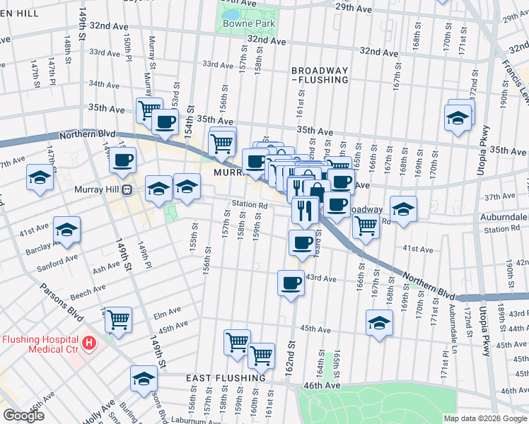 map of restaurants, bars, coffee shops, grocery stores, and more near 41-32 160th Street in Queens