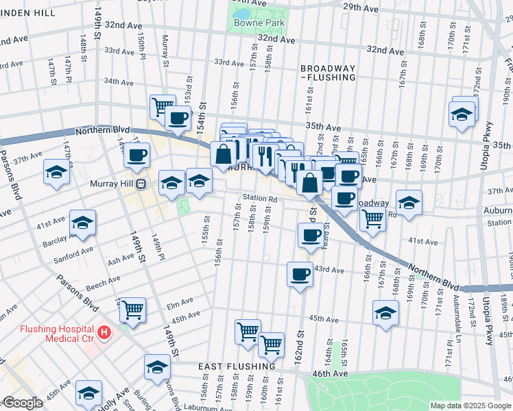 map of restaurants, bars, coffee shops, grocery stores, and more near 158-0 Sanford Avenue in Queens