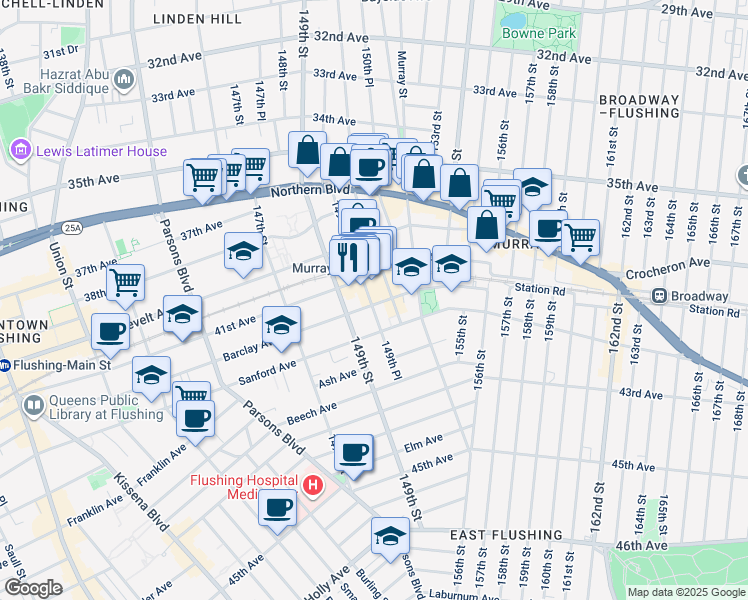map of restaurants, bars, coffee shops, grocery stores, and more near 41-39 149th Street in Queens