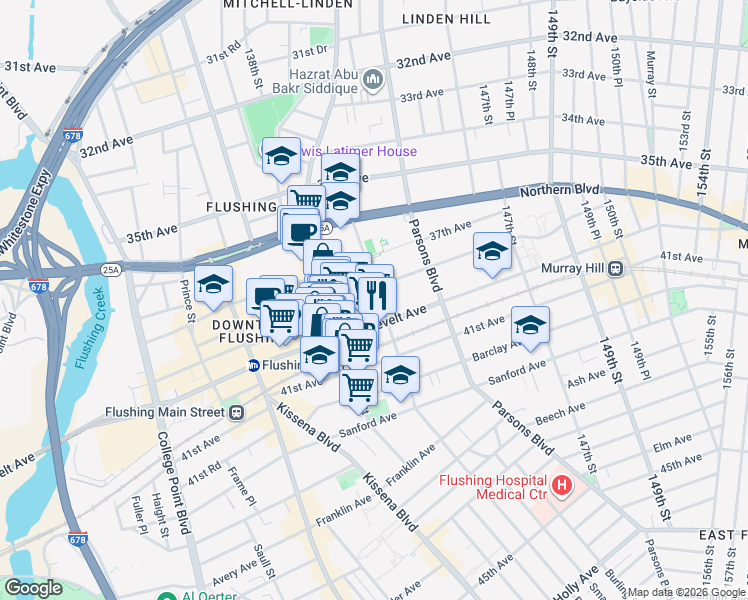 map of restaurants, bars, coffee shops, grocery stores, and more near 142-05 Roosevelt Avenue in Queens