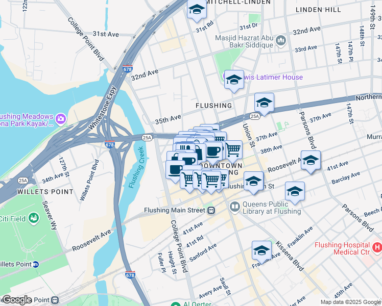 map of restaurants, bars, coffee shops, grocery stores, and more near 135-15 37th Avenue in Queens