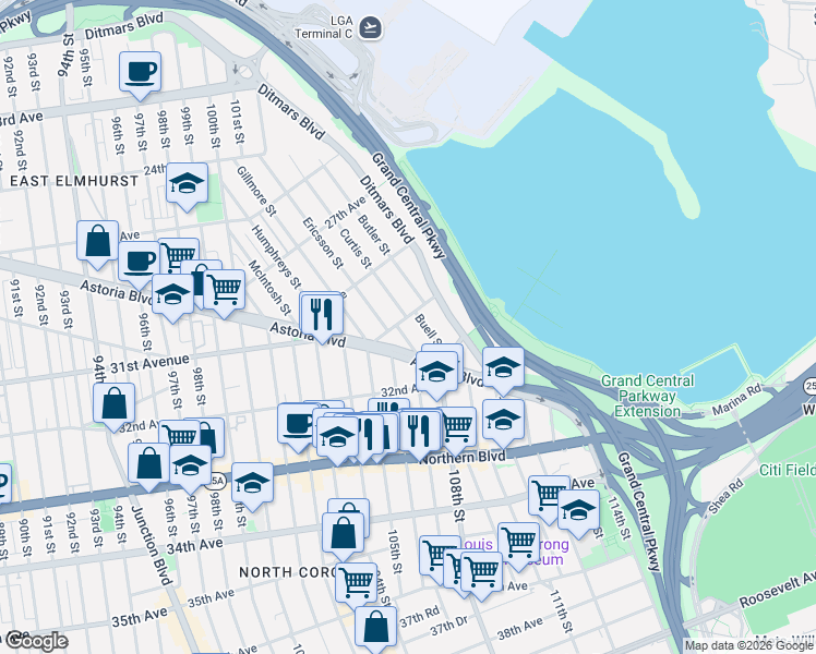 map of restaurants, bars, coffee shops, grocery stores, and more near 31-20 Couch Place in Queens