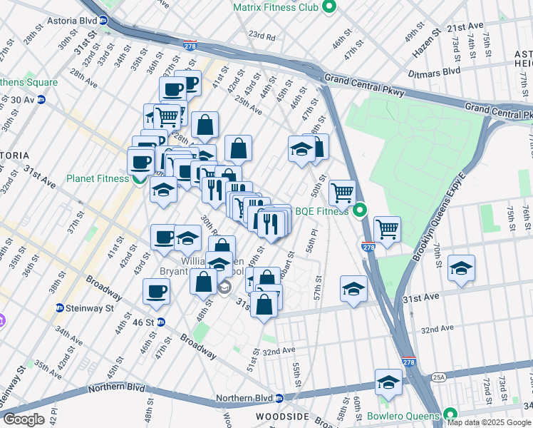 map of restaurants, bars, coffee shops, grocery stores, and more near 48-11 30th Avenue in Queens