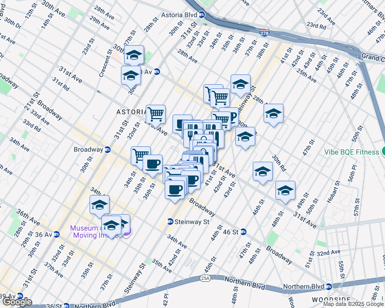map of restaurants, bars, coffee shops, grocery stores, and more near 31-28 38th Street in Queens