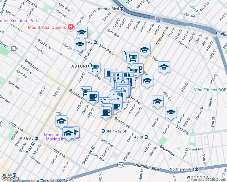 map of restaurants, bars, coffee shops, grocery stores, and more near 31-28 38th Street in Queens