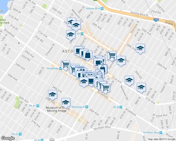 map of restaurants, bars, coffee shops, grocery stores, and more near 31-48 37th Street in Queens