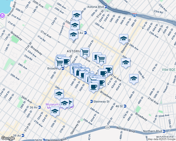 map of restaurants, bars, coffee shops, grocery stores, and more near 31-69 35th Street in Queens