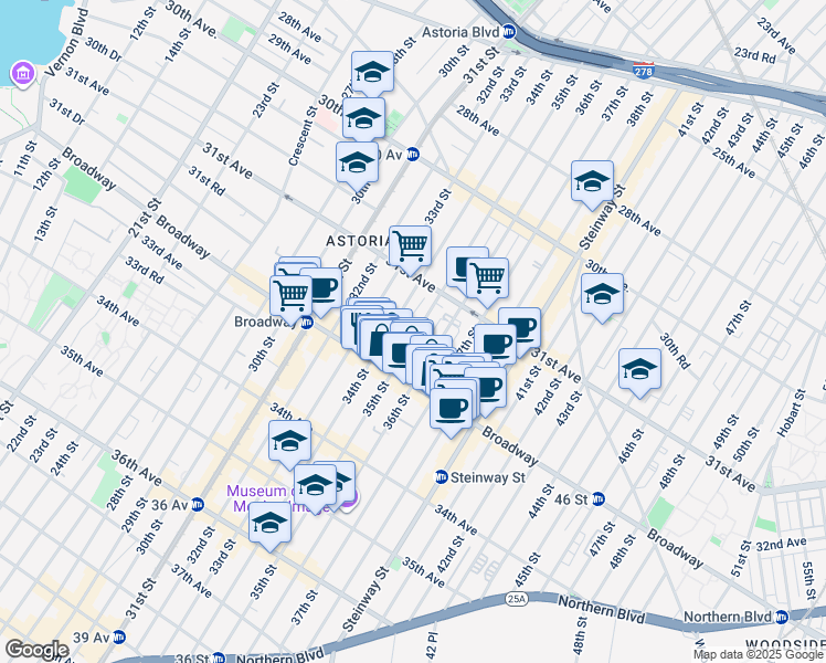 map of restaurants, bars, coffee shops, grocery stores, and more near 31-69 35th Street in Queens