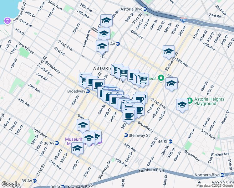 map of restaurants, bars, coffee shops, grocery stores, and more near 31-69 35th Street in Queens