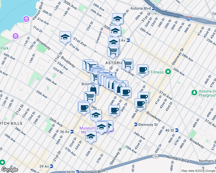 map of restaurants, bars, coffee shops, grocery stores, and more near 32-14 33rd Street in Queens
