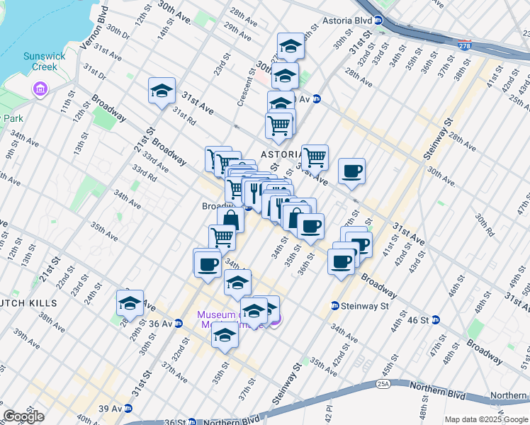 map of restaurants, bars, coffee shops, grocery stores, and more near 32-14 33rd Street in Queens