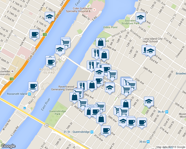 map of restaurants, bars, coffee shops, grocery stores, and more near 3628 9th Street in Queens