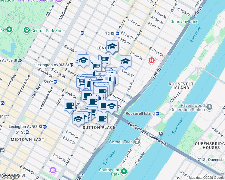 map of restaurants, bars, coffee shops, grocery stores, and more near in New York
