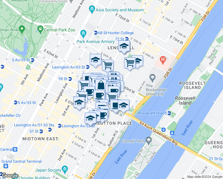 map of restaurants, bars, coffee shops, grocery stores, and more near 330 East 61st Street in New York
