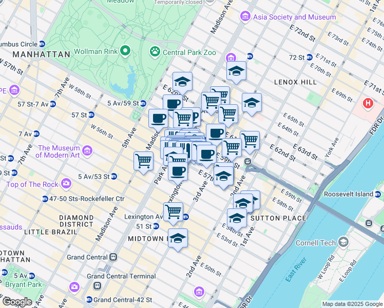 map of restaurants, bars, coffee shops, grocery stores, and more near 445 Park Avenue in New York