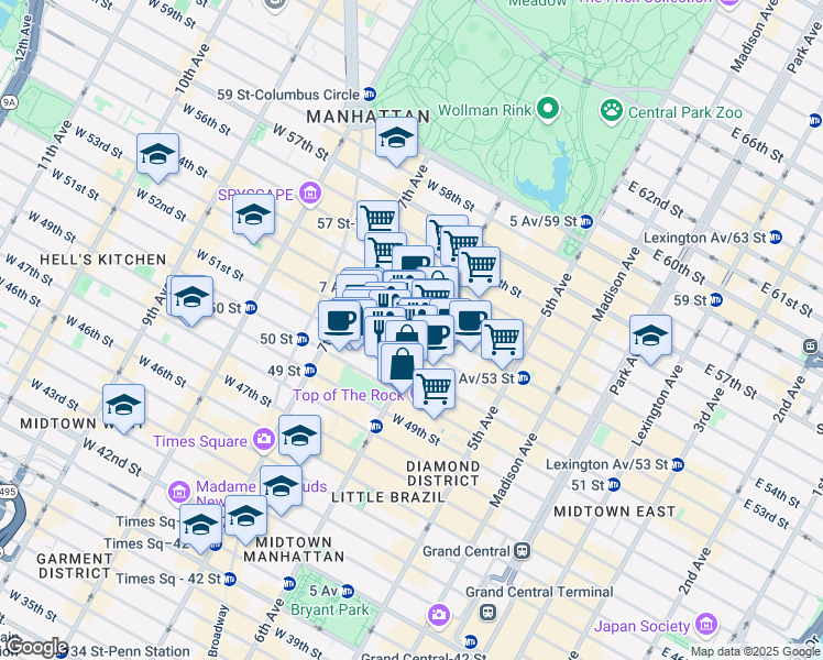map of restaurants, bars, coffee shops, grocery stores, and more near 1301 6th Avenue in New York