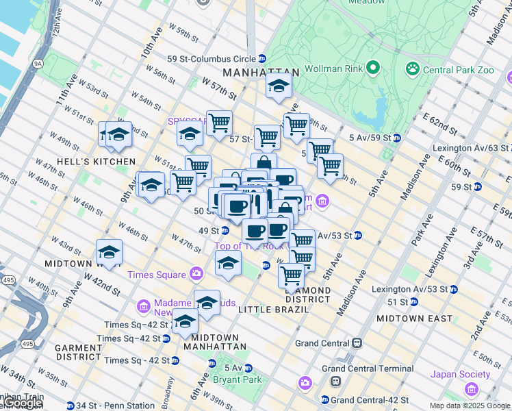 map of restaurants, bars, coffee shops, grocery stores, and more near 135 West 50th Street in New York