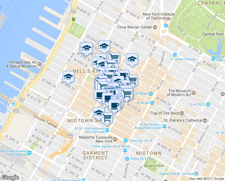 map of restaurants, bars, coffee shops, grocery stores, and more near 343 West 47th Street in New York