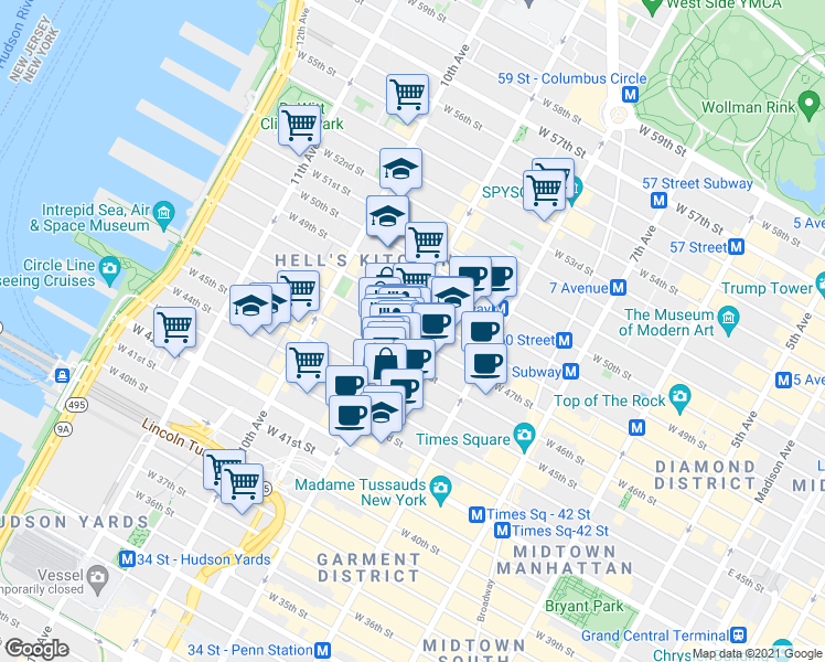 map of restaurants, bars, coffee shops, grocery stores, and more near in New York