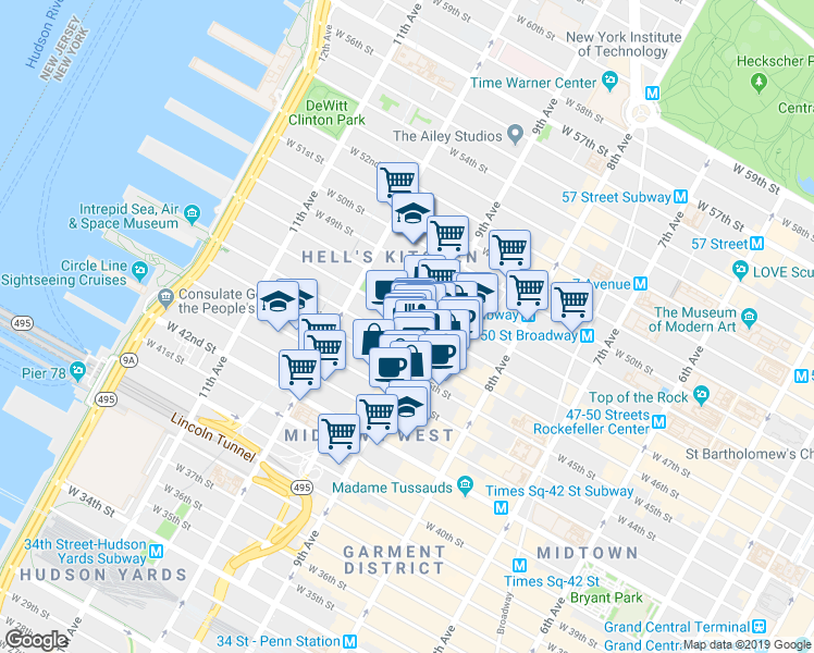 map of restaurants, bars, coffee shops, grocery stores, and more near in New York