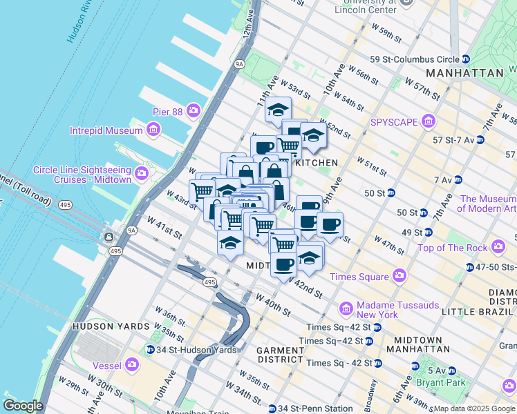 map of restaurants, bars, coffee shops, grocery stores, and more near 500 West 43rd Street in New York