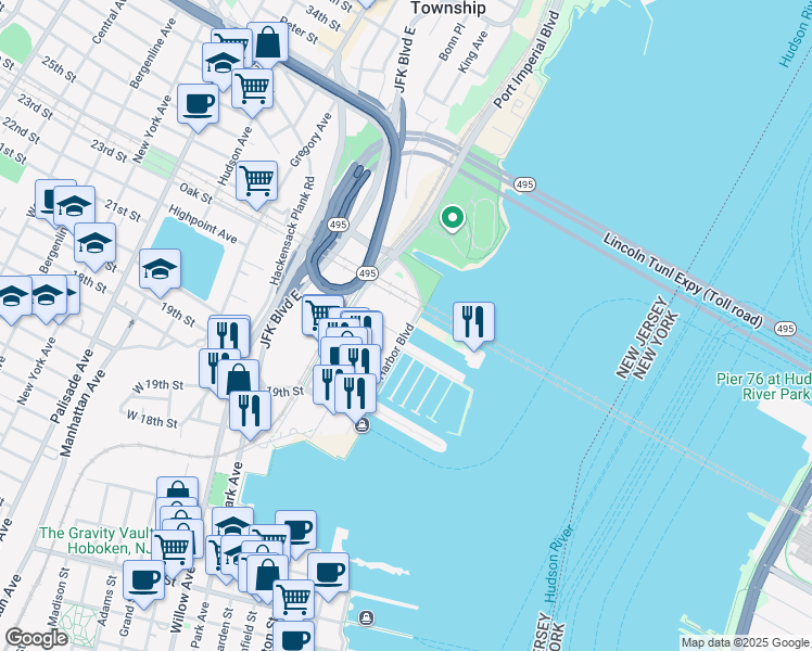 map of restaurants, bars, coffee shops, grocery stores, and more near 1500 Harbor Boulevard in Weehawken