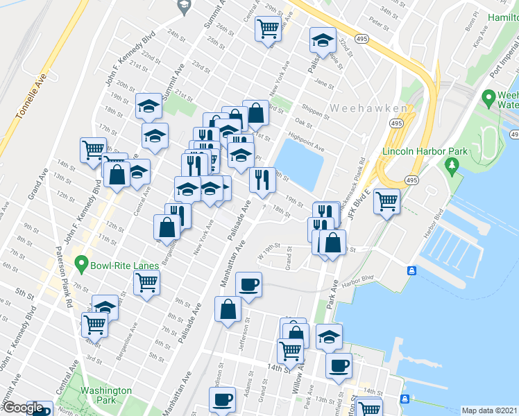 map of restaurants, bars, coffee shops, grocery stores, and more near 201 16th Street in Union City